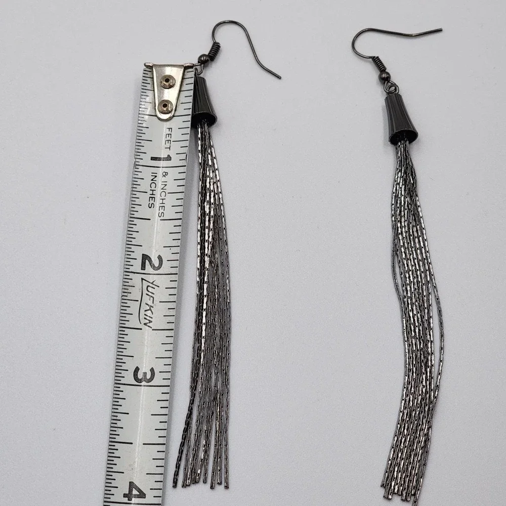 Vintage Fashion 80's Black Gun‎ Metal Chain Dangle Large Drop Earrings 4